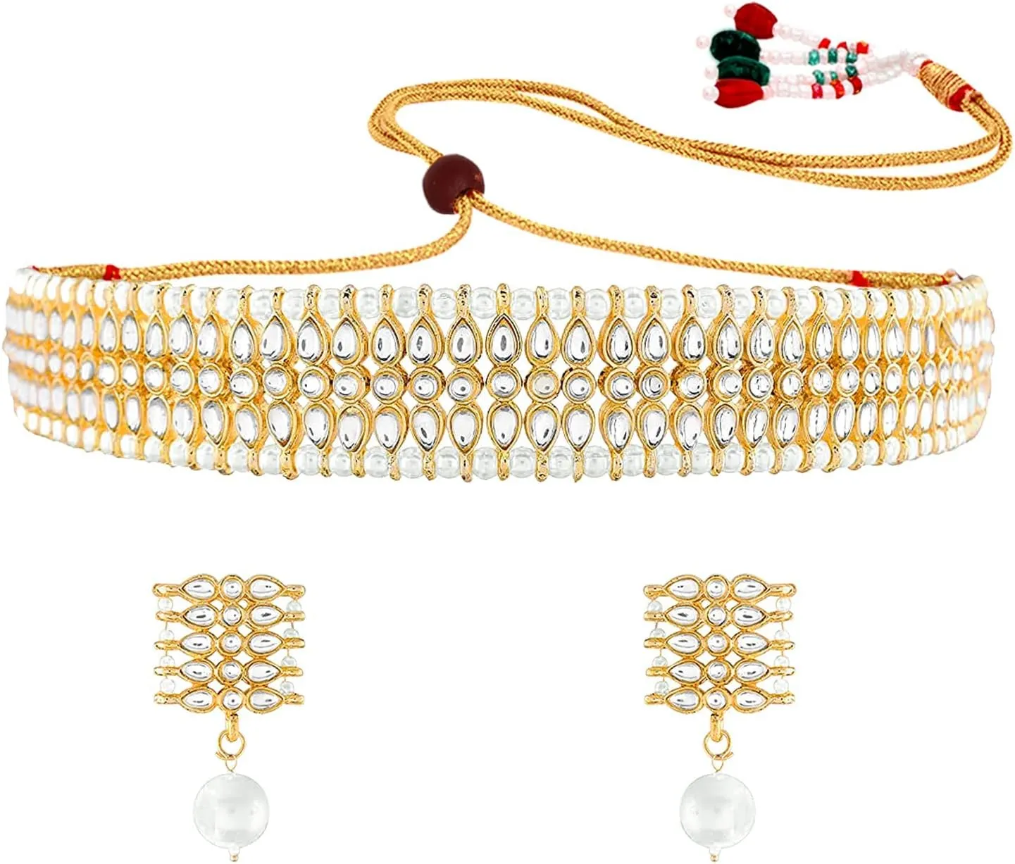I Jewels Gold Plated Indian Wedding Bollywood Gold Pearl & Kundan Studded Choker Necklace Jewellery Set For Women (K7209)